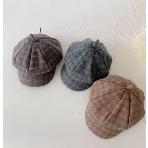 2021 Korean fashion children hat check octagonal hat boys and girls retro beret woolen cap cotton 52-54cm