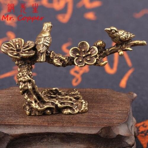 Pure Copper Plum Tree Happy Magpie Bird Miniature Ornaments Antique Brass Cuckoo Figurine Tea Table Decorations Desk Decor Craft