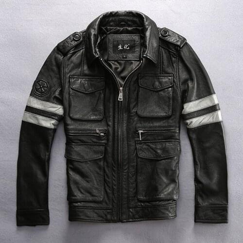 Mens Spring Autumn Cowhide Brand Casual Outwear Genuine Leather Coat Male Vintage Motorcycle Rider Black Jacket