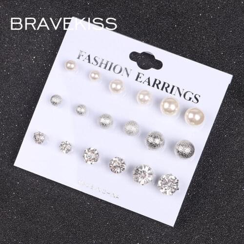 BRAVEKISS 9 Pairs Set of Earrings Pearl Cubic Zircon Earring Set Retro Stud Earrings Cute Fashion Jewelry for Women New BPE1510
