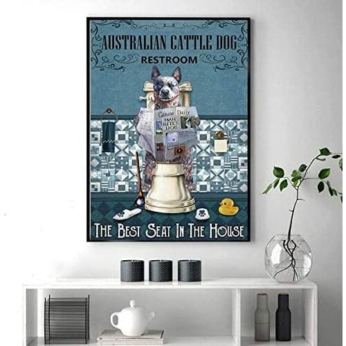Reading News Restroom Australian Cattle Dog Poster Cafe, Bar, Home, Courtyard Wall Tin Sign Poster