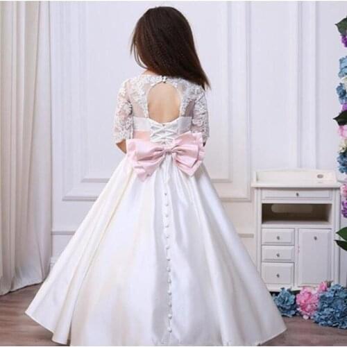 Flower Girl Dresses For Wedding Jewel Lace Applique Girls Pageant Dresses With Half Sleeve Beaded Sash First Communion Dresses