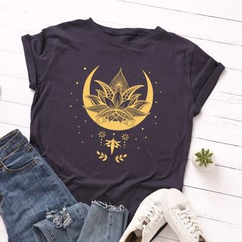 Plus Size S-5XL 100%Cotton Basic Tee Shirts Women Creative Galaxy Lotus Printed T-shirt Summer Short Sleeve Top Harajuku Clothes