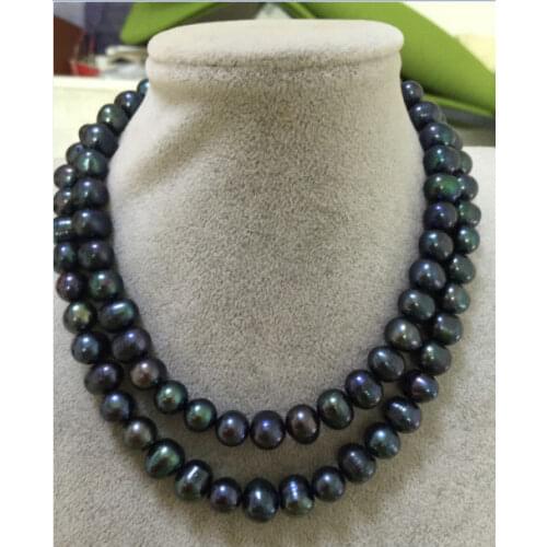 Stunning 925silver 10-11MM baroque peacock green pearl necklace 32inch