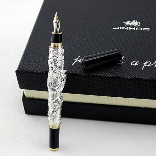 High Quality Jinhao Silver Metal Dragon Fountain Pen Luxury 0.5MM F Nib Ink Pens for Writing Office School Supplies Gift ink