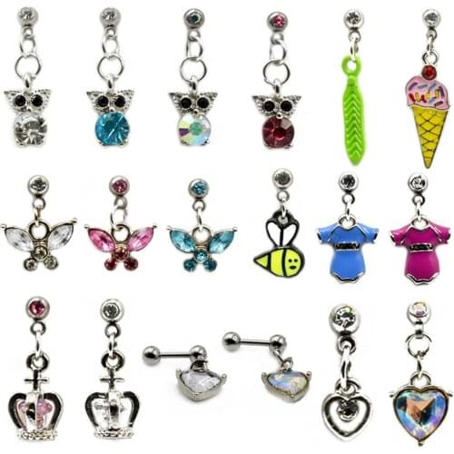 Showlove-1Pcs Surgical Steel Heart Crystal Different Pendant Ear Studs Cartilage Earrings Helix Ear Studs Piercing Jewelry 16G