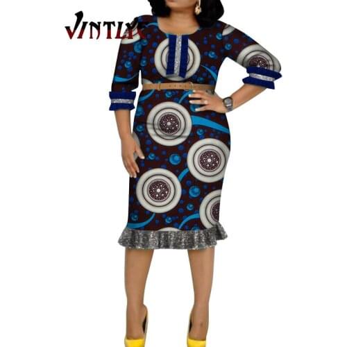 Traditional African Dresses for Women Floral Print Plus Size Maxi Dashiki Dress Boat Collar Knee Length Party Attire WY8858