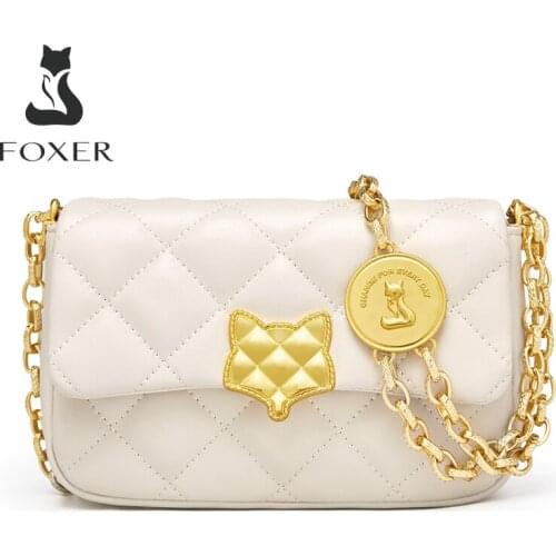 FOXER Womens Split Leather Fashion Flip Crossbody Bag High Quality Ladies Casual Shoulder Bag Luxury Diamond Coin Chain Bag