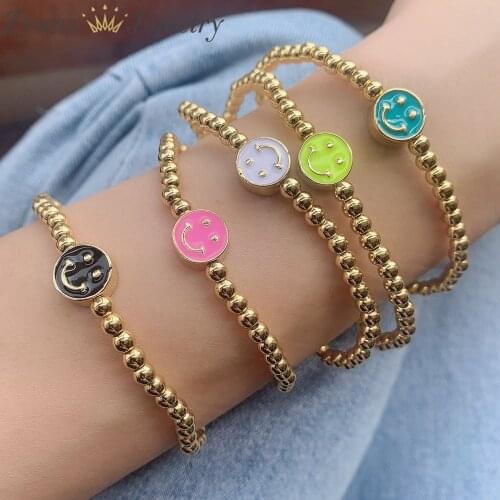 10PCS, Smiley Face Bracelet For Women Enamel Smile Bracelets 2021 Fashion Jewelry Handmade Golden Beads Bracelet Elastic