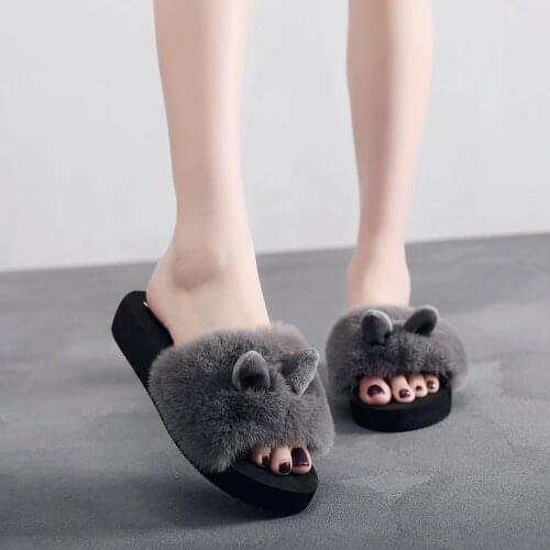 Women Cotton Slippers Cross-border Ins Wool Slippers Casual Korean Fashion Students Sponge Cake Wedges Mao Mao Rabbit Ears Shoes