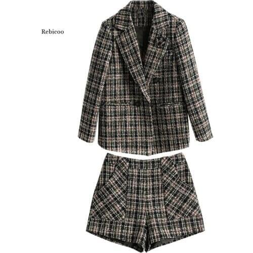 Autumn Winter High Quality Women Blazer Shorts Suit Tweed 2 Piece Set Double Breasted Jacket Plaid Woolen Short Set