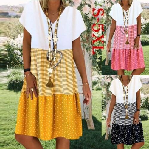 Woman Dress For Women Casual Plus Size Loose Stripe Dot Patchwork V-Neck Short Sleeves Female Dresses Vestidos женское платье N