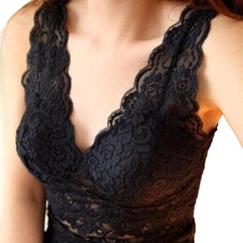 Vest Tops Women Sexy Solid Color Deep V Neck Lace See Through Padded Vest Slim Tank Top tops women 2020 топ женский кроп топ