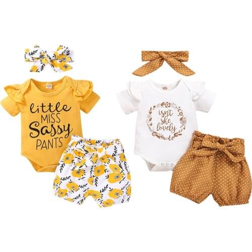 2020 Summer Newborn Baby Girls Clothing Set Toddler Short Sleeve Letter Floral Print T-shirt + Shorts + Headband 0-18M Wholesale