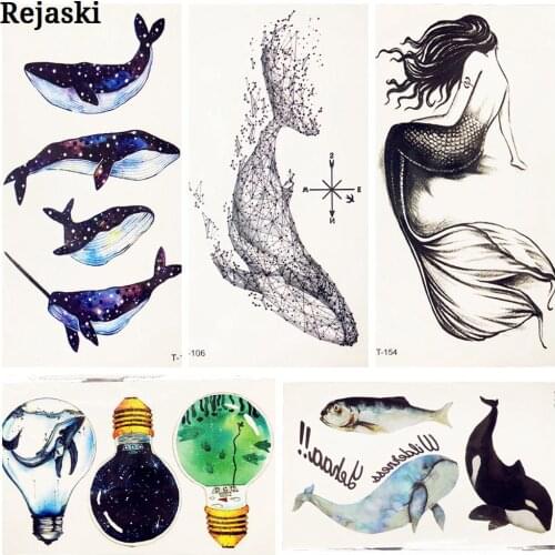 3D Geometry Galaxy Whale Temporary Tattoo For Children Kids Body Neck Finger Art Fake Black Waterproof Tatoo Bulb Mermaid