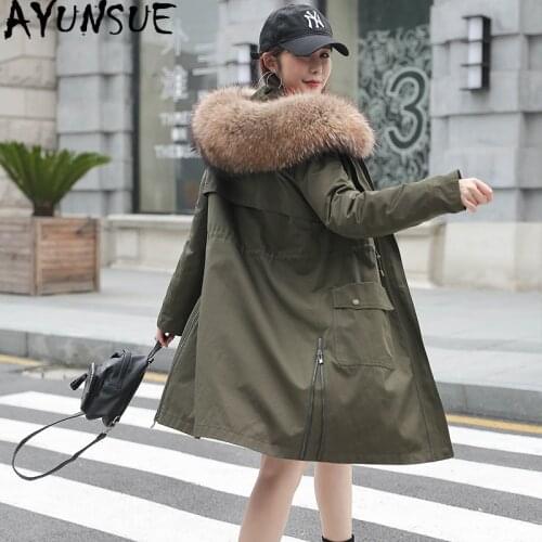 AYUNSUE Real Fur Coat Female Natural Rabbit Fur Liner Parka 2020 Winter Jacket Women Raccoon Fur Collar Korean Long Coats MY3678