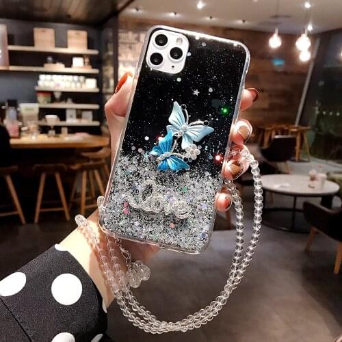 Butterfly Lanyard Case for IPhone 11 12 Mini Pro XS Max Glitter Star Shining Phone Cover for IPhone XR X 7 8 6 6S Plus SE2 Coque