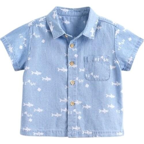 Baby Boys Denim Shirts Print Thin Summer Cotton Turn-down collar Shirt Childrens Clothing Short sleeve Kids Clothes Tops Shirt
