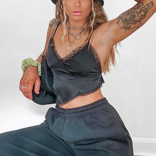 Sexy Satin Crop Tops For Women Summer Lace Trim Cami Spaghetti Strap V Neck Backless Tops Cross Lace Up Streetwear Party Cropped