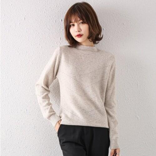 Fashion loose womens 100% wool sweater pure color half high neck pullover cashmere sweater spring and autumn new products S-XXL