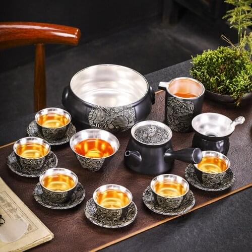 European Style Teaware Set 999 Liner Sterling Silver Ceramic Silvering Teapot Hand-Carved Kung Fu Tea Set