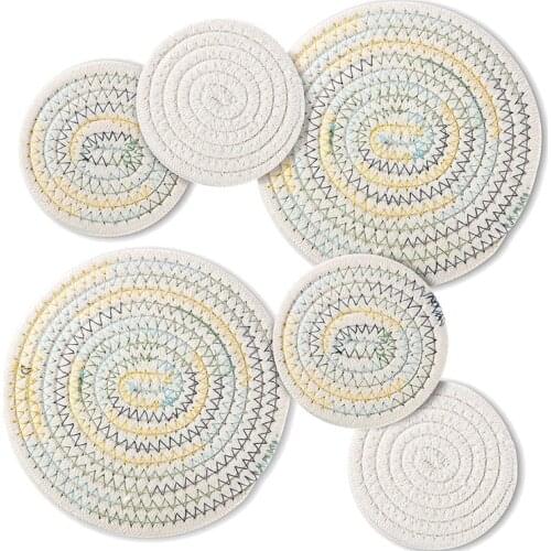 6 Pcs Potholders Trivet Coaster Set,4.3 & 7 Inch Cotton Weave Round Pads for Kitchen Hot Pot Cup Dishes,White & Colorful