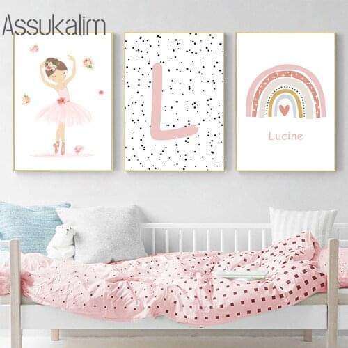 Ballet Girl Painting Custom Name Poster Alphabet Wall Prints Rainbow Pictures Nursery Posters And Prints Kids Room Decoration