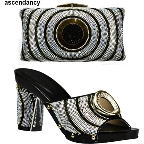 New Arrival Blue Color Matching Shoes and Bag Set Decorated with Rhinestone African Women Italian Shoes and Bag Set for Wedding