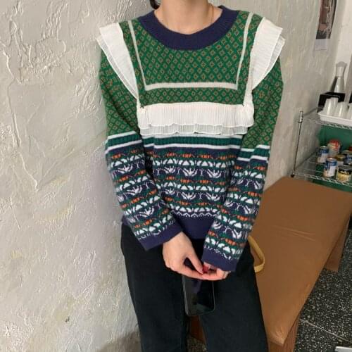 Autumn Winter Women Sweater Ruffles Hem Plaid Striped Knitted Sweater Loose Pullovers Tops Female Vintage Casual Knitwear