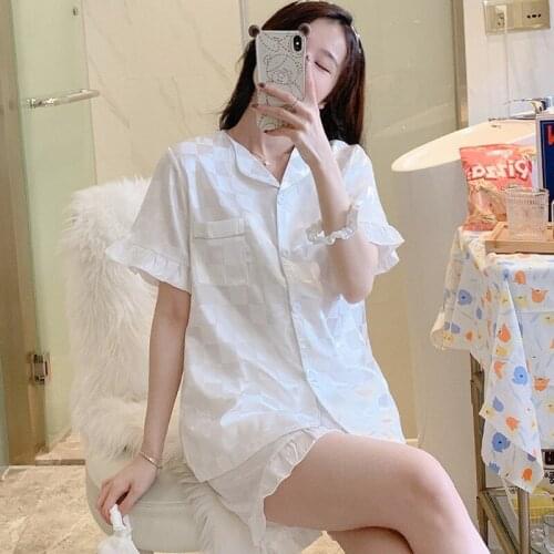 White Ice Silk Summer New 2PCS Pajamas Set Women Plaid Lounge Homewear Cute Ruffles Nightwear With Pocket Shirt&Shorts Sleepwear
