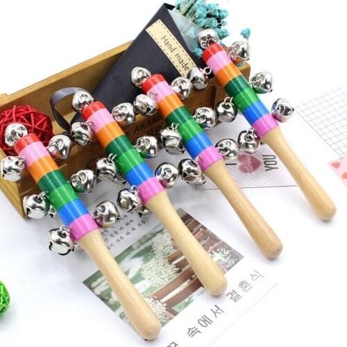 Babys Bell Vocal Toys Rainbow Shaker Stick Educational Toy Handle Wooden Activity Bell Ring Rainbow Musical Instrument