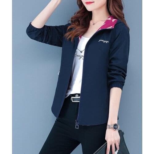 Spring Autumn Womens Jacket Two Sides Wear Hooded Zip Coat Korean Short Long Sleeve Casual Ladies Outerwear Tops Female W443