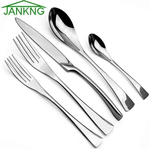 JANKNG 1/ 4 set Silver Cutlery Set 5 Pcs Flatware Set Stainless Steel Dinnerware Set Knife Fork Dessert Fork Teaspoon Dinnerware