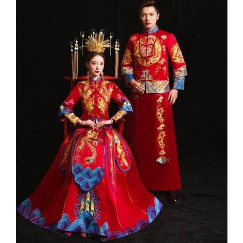 Oriental Vintage Wedding Dress Couple Embroidery Phoenix Cheongsam Refined Banquet Stylish Elegant Bride китайская одежда