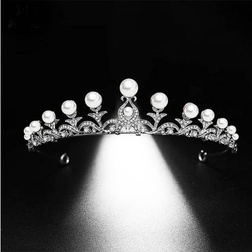 Silver Color Leaf Pearl Rhinestone Queen Princess Diadem Bride Tiara and Crown Headdress Wedding Hair Jewelry Accessories JL
