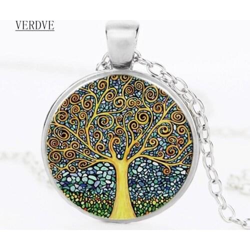 VERDVE Fashion Retro Necklace Cabochon Crystal Pendant Antique Bronze Tree of Life Chain Necklaces For Woman Girl