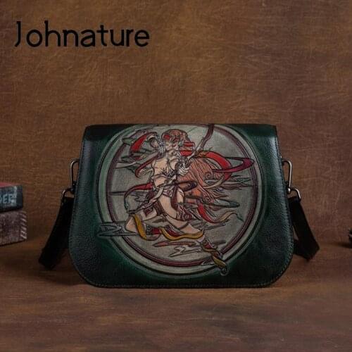 Johnature Vintage Embossed Genuine Leather Women Bag 2021 New Creative Constellation Totem Cowhide Shoulder & Crossbody Bags