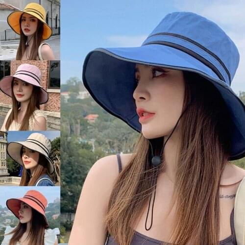 Womens Summer Floppy Wide Brim Sun Hat with Chin Strap Elegant Solid Color Striped UV Protection Visor Travel Beach Cap