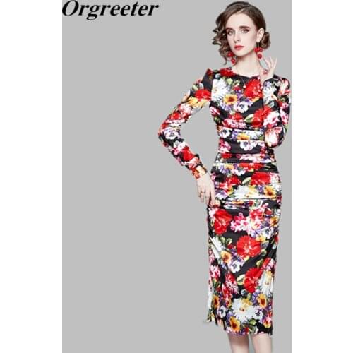 Spring Runway Design High-end Stretch Satin O-neck Long-sleeved Flower Printed Dress Women Chic Pleated Slim Bodycon Pencil Dres