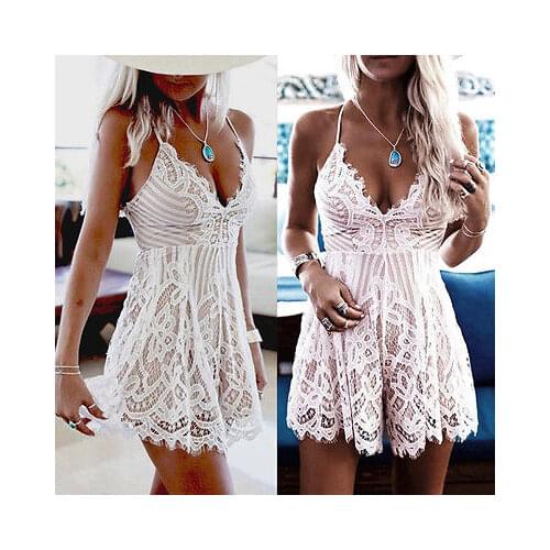 Women Summer Woman Dress Female Sleeveless Lace White Lace V-Neck Casual Fashion Strappy Evening Party Short Mini Vestidos