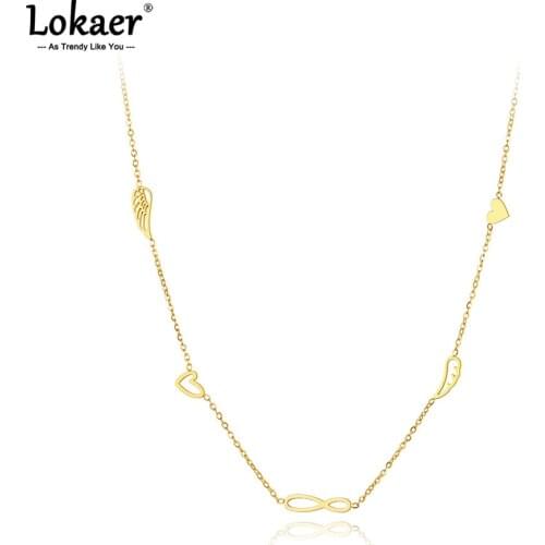 Lokaer Titanium Stainless Steel Forever & Heart & Wings Charm Pendant Necklace Jewelry Fashion Bohemia Necklace For Women N21134