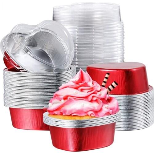 100 PCS Valentine Red Heart Shaped Cake Pan Cupcake Cups with Lids Disposable Cupcake Cups Flan Baking Pans Containers