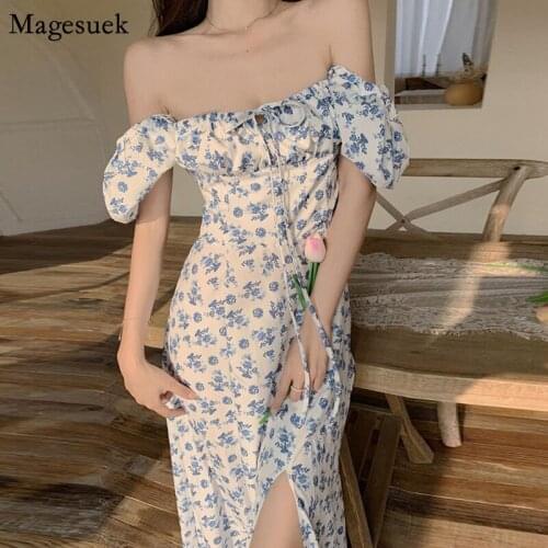 2021 Summer Chiffon Dress Women Eleagnt Party Off Shoulder Print Floral Long Dresses Vintage High Waist Sexy Dress Robes 14578