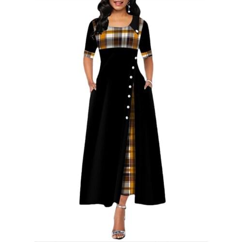 3XL Womens Dress Irregular Plaid Maxi Dress Round Neck Half Sleeve Button Summer Dress Casual Party Girl Clothes