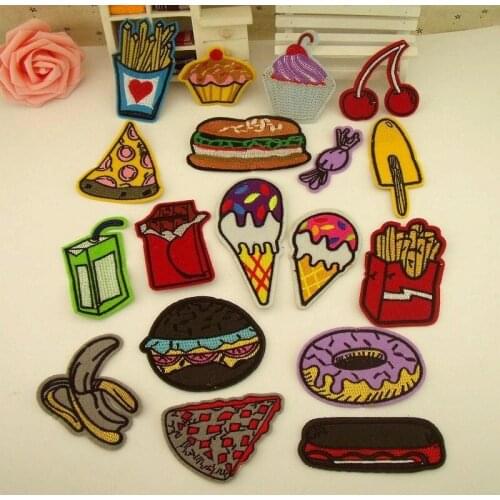 50pcs/Lot Donuts French Fries Food Embroidery Patches Letters Clothing Decoration Accessories Diy Iron Heat Transfer Applique