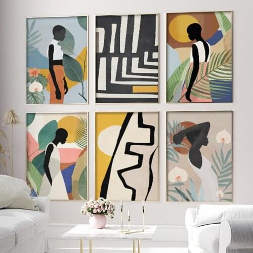 Abstract African Woman Flower Leaves Wall Art Canvas Painting Nordic Posters And Prints Wall Pictures For Living Room Home Decor