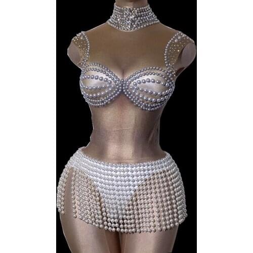White Pearl Fringe Stones Spandex Bodysuit Women Dancer Singer Show Wear High Neck Outfit Bar Prom Birthday Outfit Lady DT2380