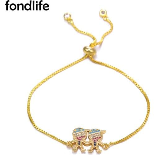 Multicolor Cubic Zirconia Stones Little Boy And Girl Charm Bracelet Women Cute Small Lover In Hand Brass Chain Jewelry Present