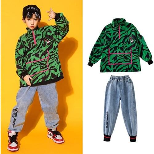 Kids Hip Hop Dance Costumes Green Zebra Print Boys Sweater Jeans Suit Street Dance Wear Performance Competition Outfit YS1241