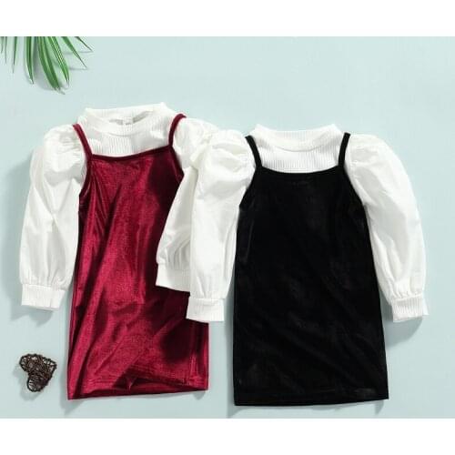 1-6Y Toddler Kids Baby Girl Puff Long Sleeve Pullover Solid T-shirt Tops Strap A-line Dress 2PCS Fashion Children Clothes Set